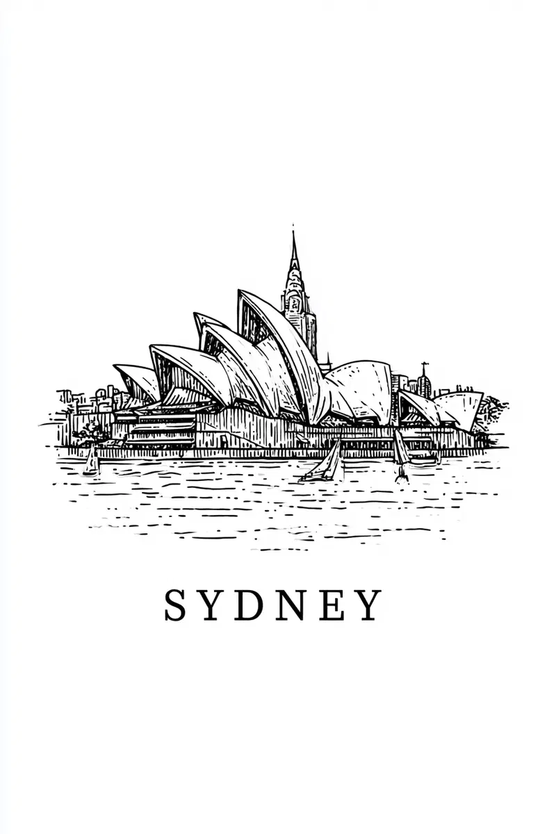 Detailed ink drawing of the iconic Sydney Opera House and city skyline