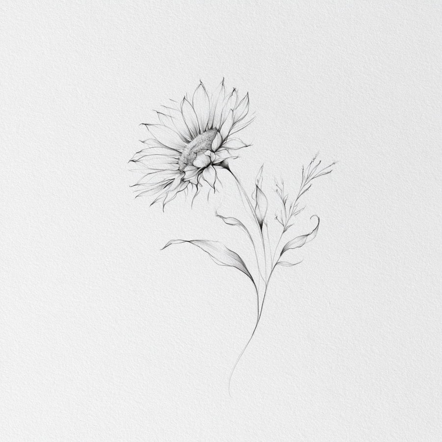 A detailed pencil drawing of a sunflower with fine lines showing petals, a textured center, leaves, and a stem on a white textured paper background