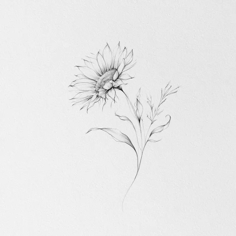 Delicate pencil sketch of a single elegant sunflower with leaves