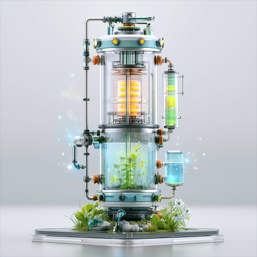 A detailed futuristic terrarium setup inside a glass cylinder with glowing orange and green lights, surrounded by plants, stones, and foliage at the base, with metal pipes and valves connected around it
