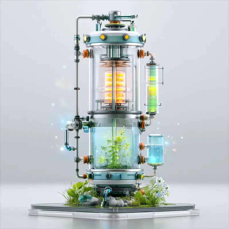 Intricate futuristic terrarium with glowing elements and plant life inside a glass cylinder