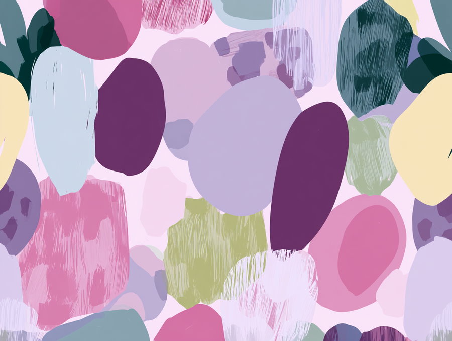 Abstract artwork composed of irregular oval and rounded shapes in pastel and muted colors including purple, pink, green, blue, and cream on a light pink background