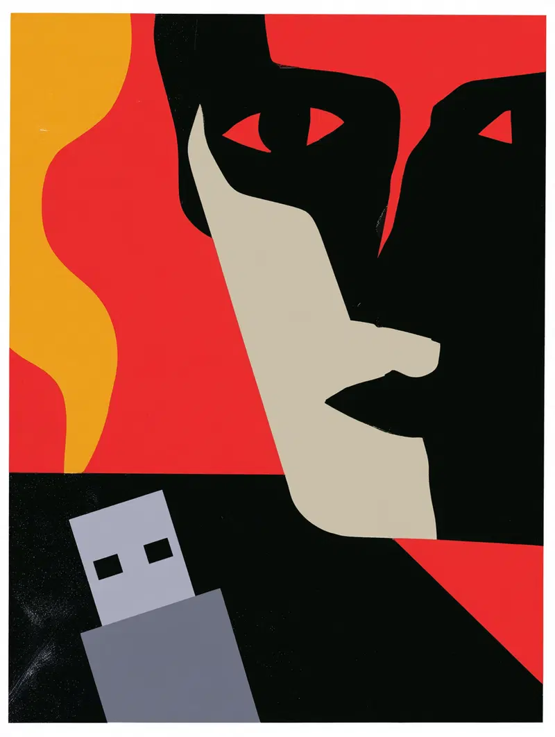 Abstract modern art with geometric shapes forming faces and figures