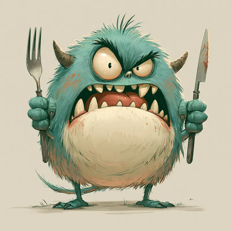 A fierce blue furry monster holding a fork and knife ready to eat