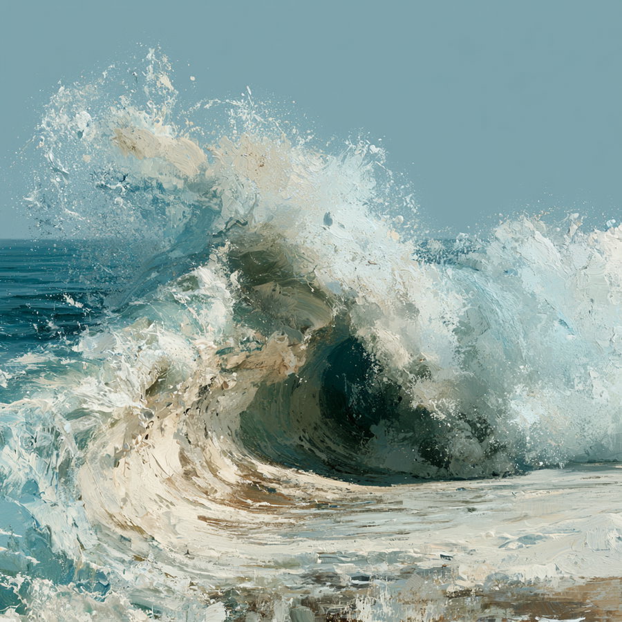 Painting of a large ocean wave crashing with detailed white foam and spray against a blue sky background
