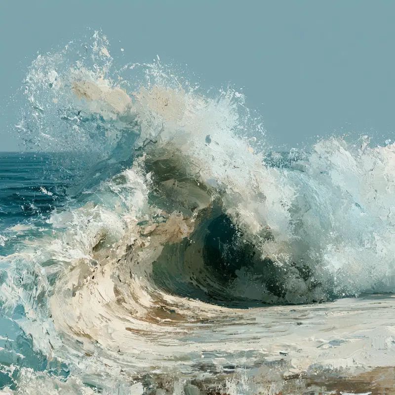 Vivid and dynamic painting of a crashing ocean wave with foam and spray