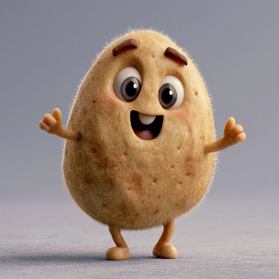 A 3D rendered image of a furry potato character with big eyes, eyebrows, arms, and legs standing on a plain surface with a neutral background.