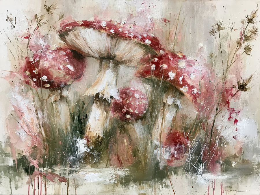 An abstract artwork depicting red mushrooms with white spots surrounded by green grass and dried flowers on a beige background.