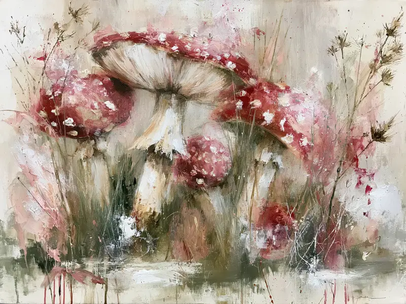 Abstract painting of red and white mushrooms with grass and flowers