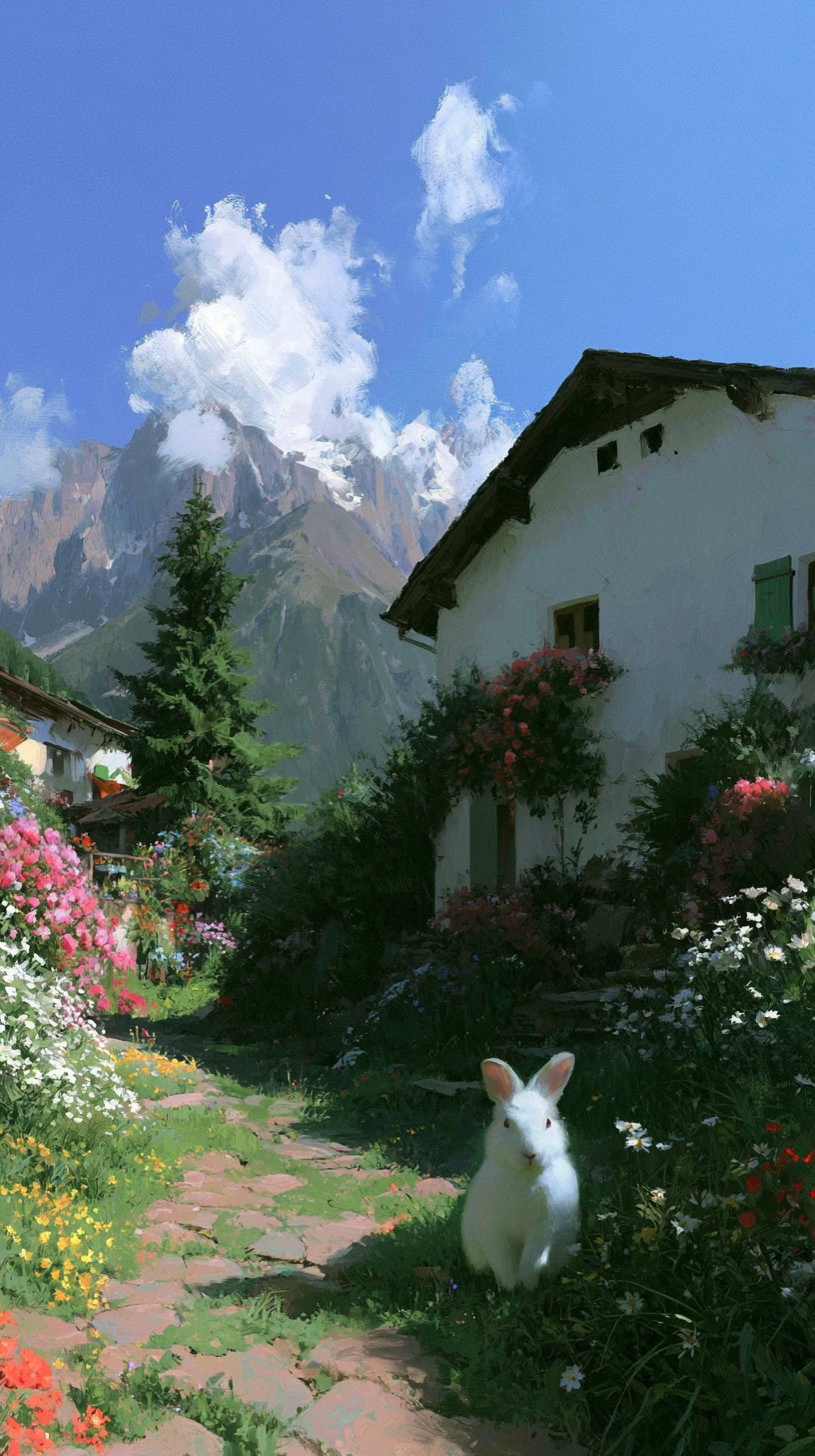 A scenic path through a lush garden filled with various flowers and bushes, with a white rabbit sitting on the grass near a house, mountains and fluffy clouds in the background.