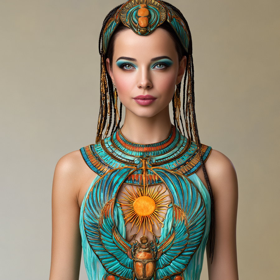 Portrait of a woman with braided hair wearing a turquoise and gold Egyptian-inspired fantasy costume featuring a large scarab and sun motifs