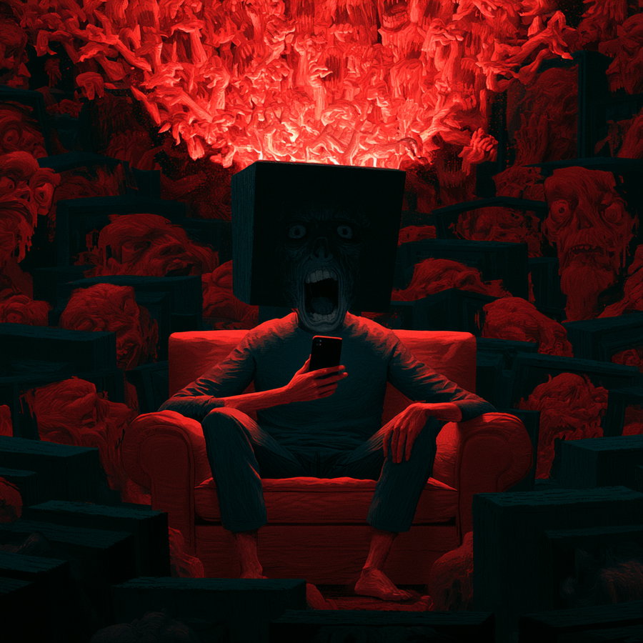 A dark fantasy artwork showing a person with a cube-shaped head with a screaming face, sitting on a red armchair, holding a phone, surrounded by numerous red ghostly faces and dark rectangular shapes.