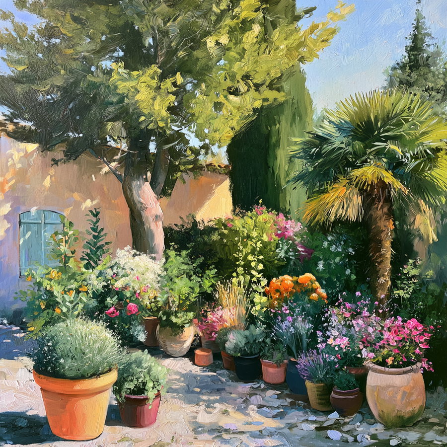 A sunlit garden scene showing a variety of potted plants and flowers arranged on a stone pathway, surrounded by trees and bushes near a building with a blue shuttered window.