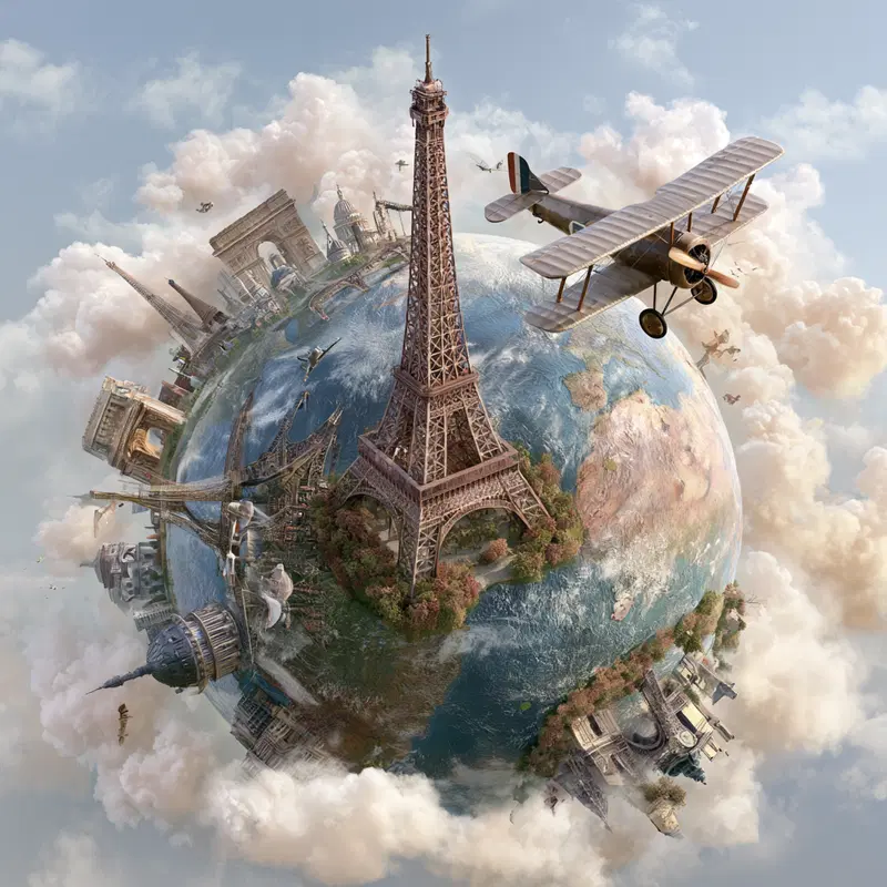 Miniature planet featuring famous Paris landmarks and a vintage airplane