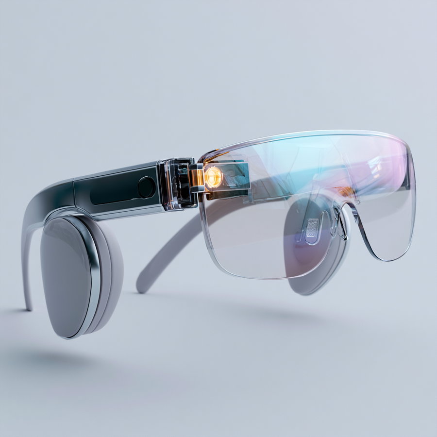 A pair of futuristic smart glasses featuring transparent lenses with a subtle color shift, integrated lighting elements, and attached sleek earbuds on a plain background