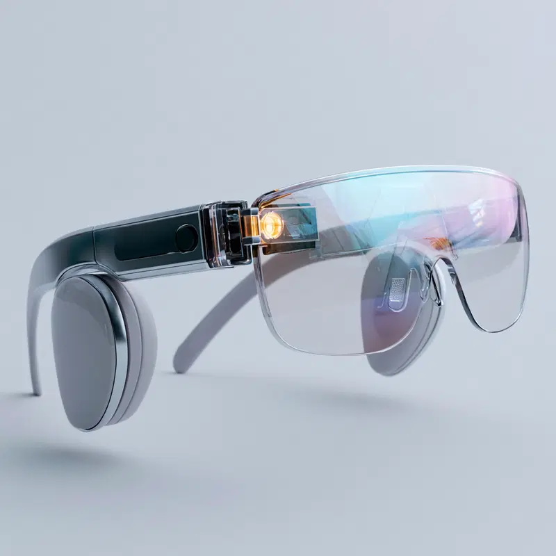 Futuristic smart glasses with transparent, color-shifting lenses and sleek earbuds
