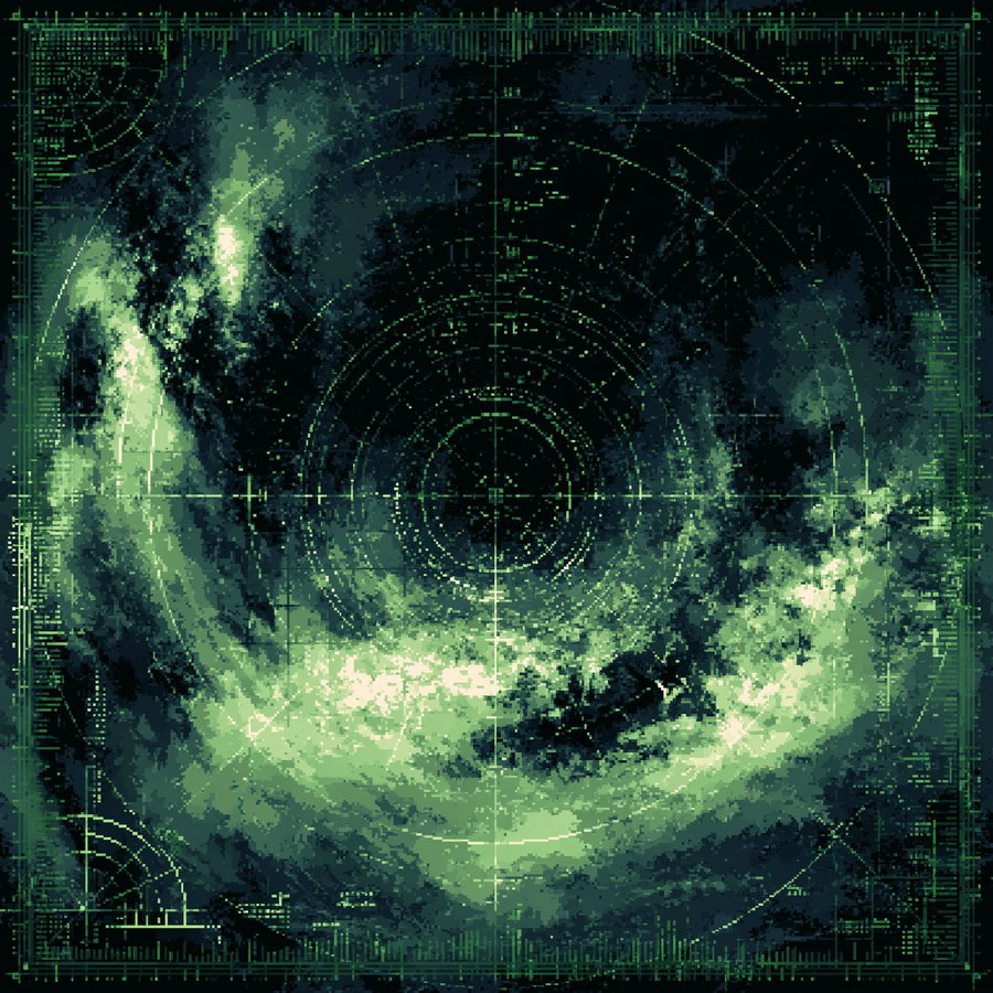 Green and black digital artwork showing a swirling cosmic cloud with circular grid lines and technical interface elements