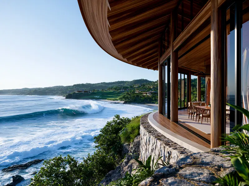 Ocean view from a curved wooden house perched on a rocky cliff