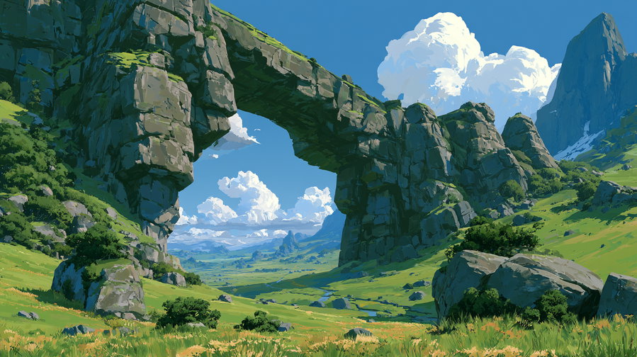 A vivid digital painting of a large stone arch structure in a green valley with scattered bushes and rocks, blue sky with large white clouds, and towering jagged mountain peaks in the background.