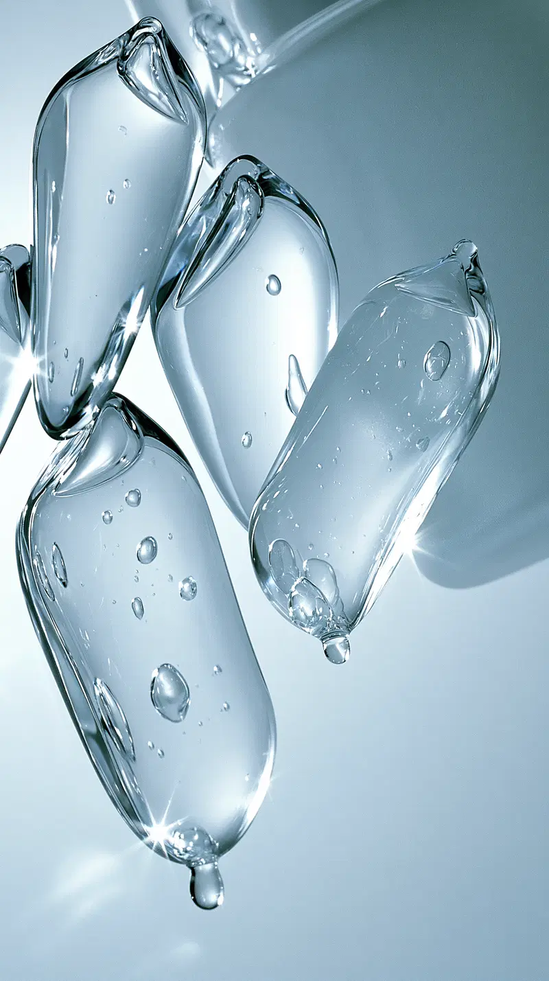Close-up of transparent, elongated glass bubbles with reflections and water droplets