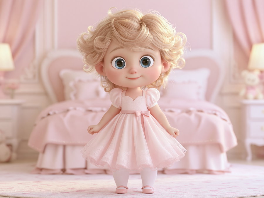 A cute animated toddler with big blue eyes, curly blonde hair wearing a light pink dress and white tights, standing in a softly lit pink bedroom with a bed, lamps, and plush toys in the background.