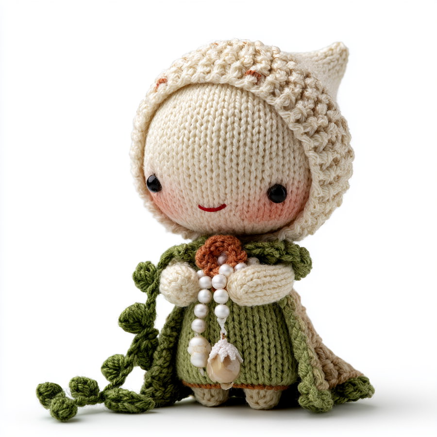 A small knitted doll with a cream-colored hood, rosy cheeks, black eyes, a green cloak with leafy details, and holding a pearl necklace with a shell pendant