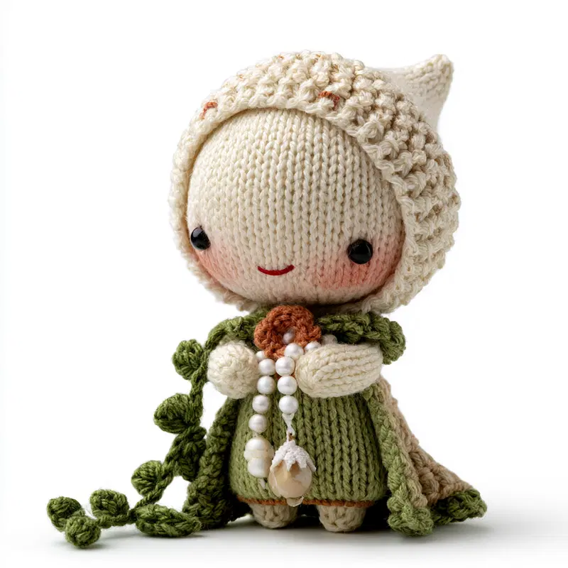 Handmade knitted character doll with green cloak and pearl necklace