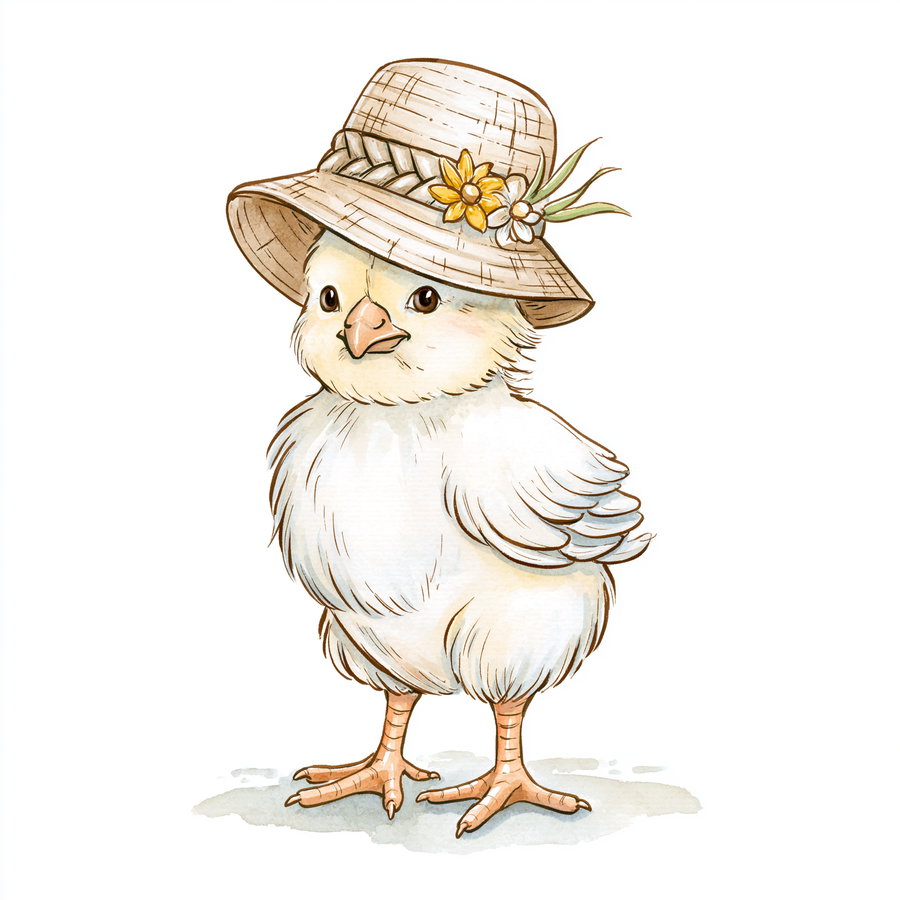 Watercolor style drawing of a fluffy white chick standing upright, wearing a beige woven hat decorated with yellow and white flowers and green leaves