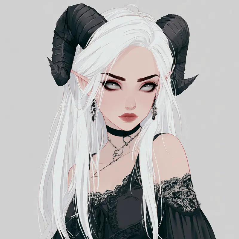 Dark fantasy portrait of a mystical woman with white hair and black horns