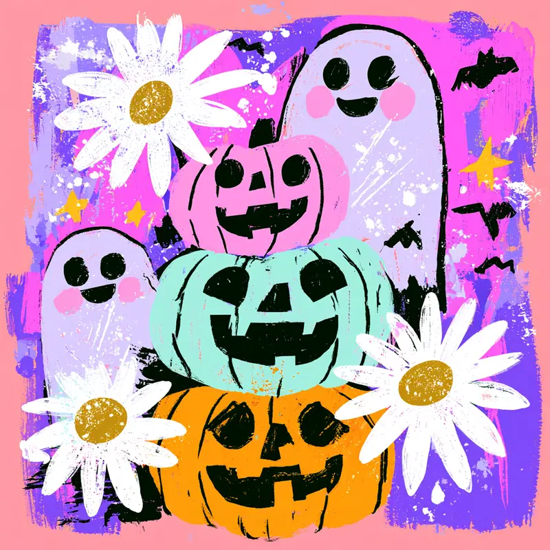 Colorful whimsical illustration of smiling jack-o-lanterns with ghosts and daisies