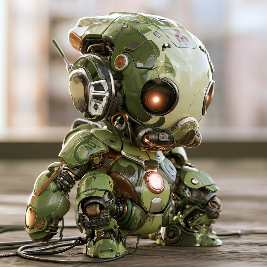 A small green robot with a shiny, worn mechanical body, large round glowing eyes, and intricate mechanical parts, positioned on a wooden surface with cables attached.