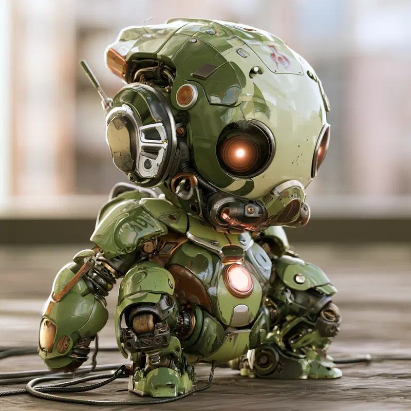 Detailed small green robot with glowing eyes and mechanical design
