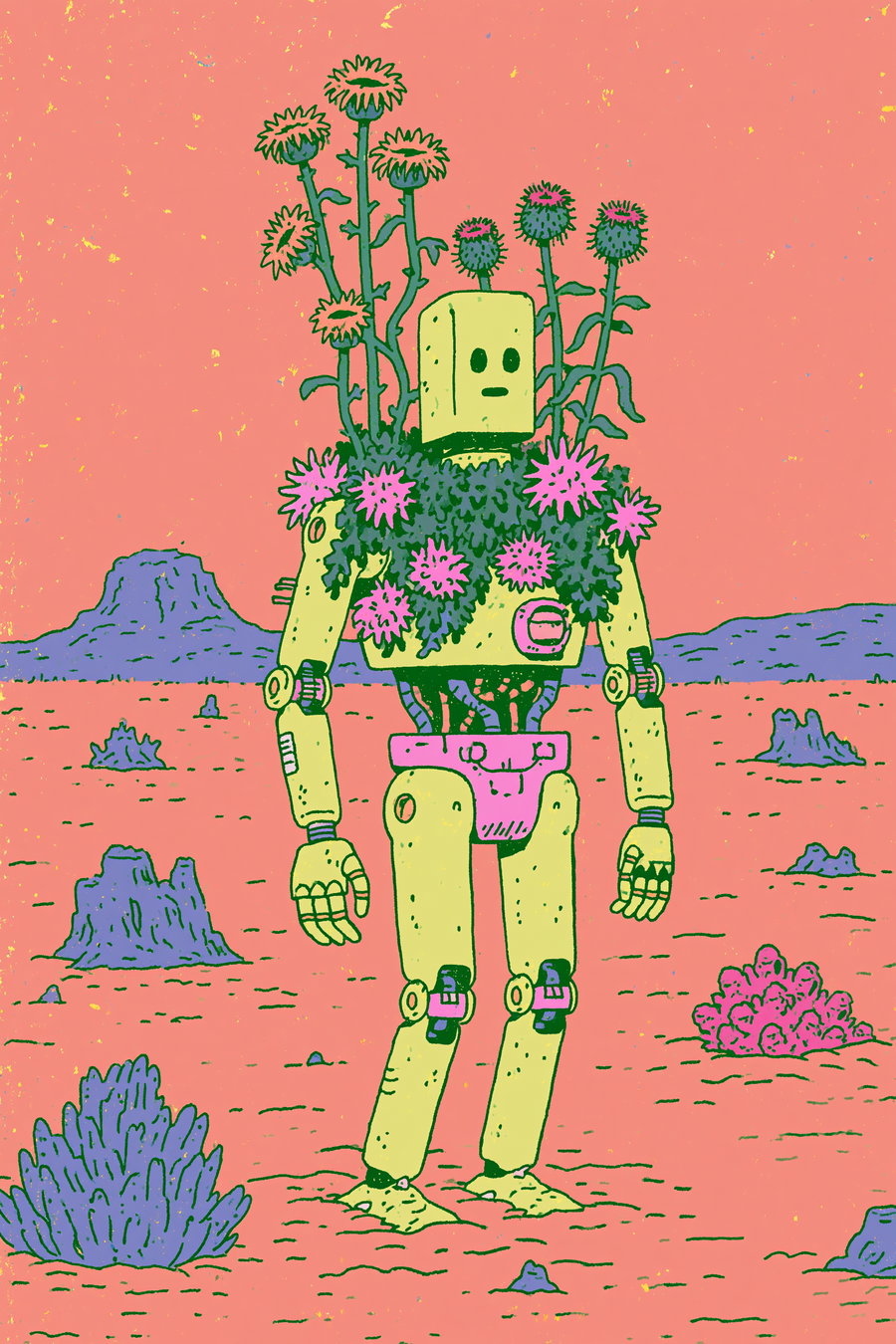 A yellow robot standing in a barren pink desert-like environment with blue rock formations. The robot has green plants and pink flowers growing on its chest and shoulders, with some tall plants extending upward. The robot's face is simple, and there are visible mechanical parts on the joints and midsection.