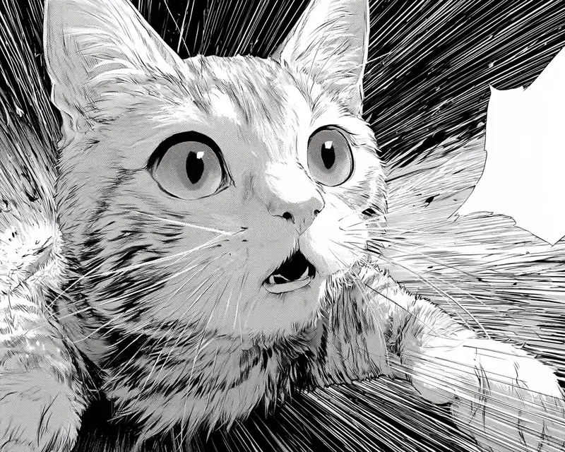 Close-up black and white manga style drawing of a surprised cat