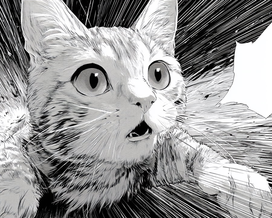 Black and white manga style large-eyed cat with dramatic speed lines in the background and speech bubble