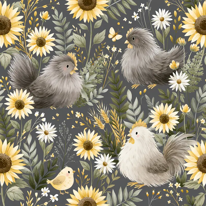 Whimsical illustrated scene with chickens and sunflowers in nature