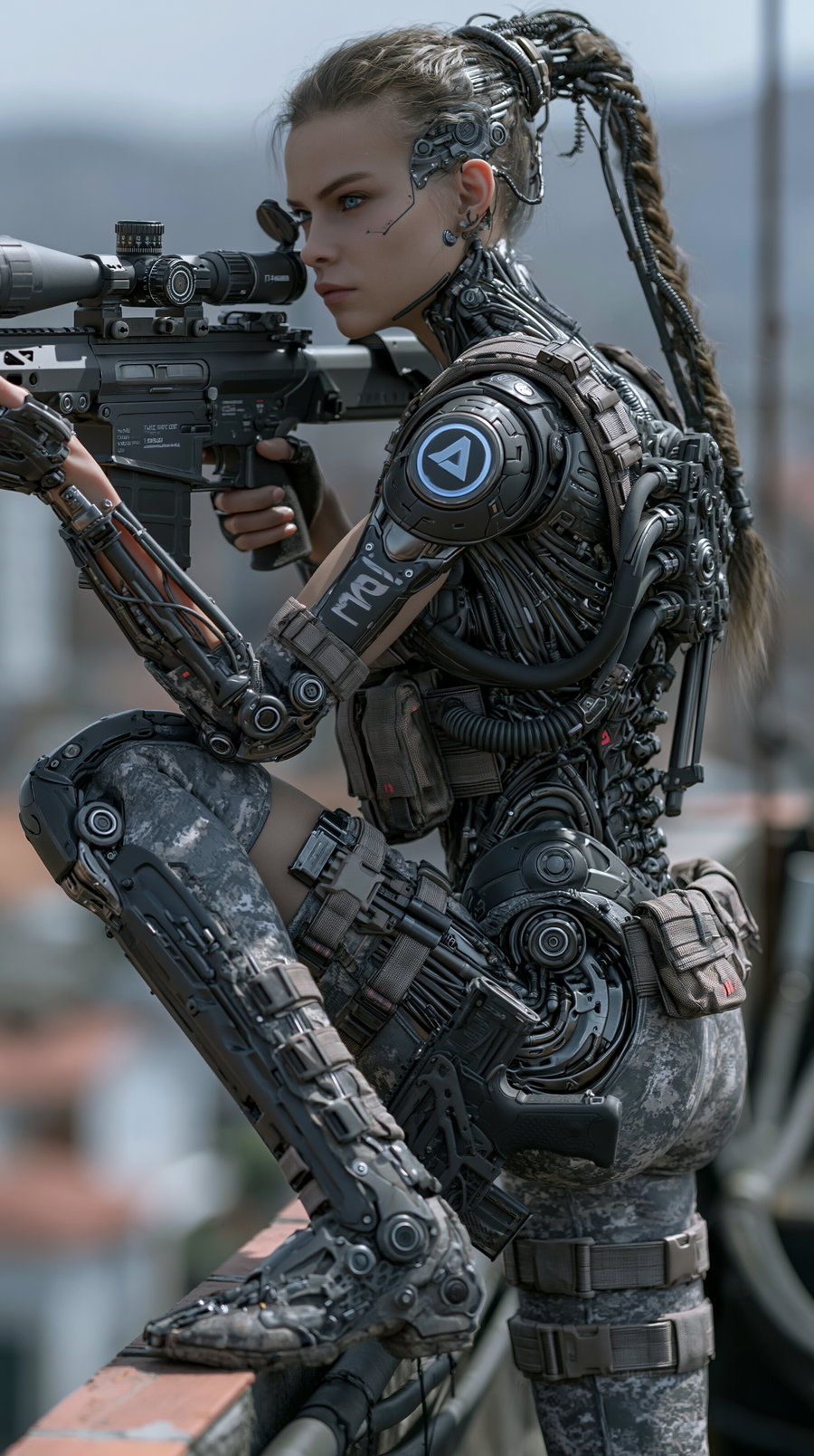 A highly detailed cybernetic female soldier in advanced armor and mechanical limbs aiming through a sniper rifle scope while crouching on a rooftop edge.