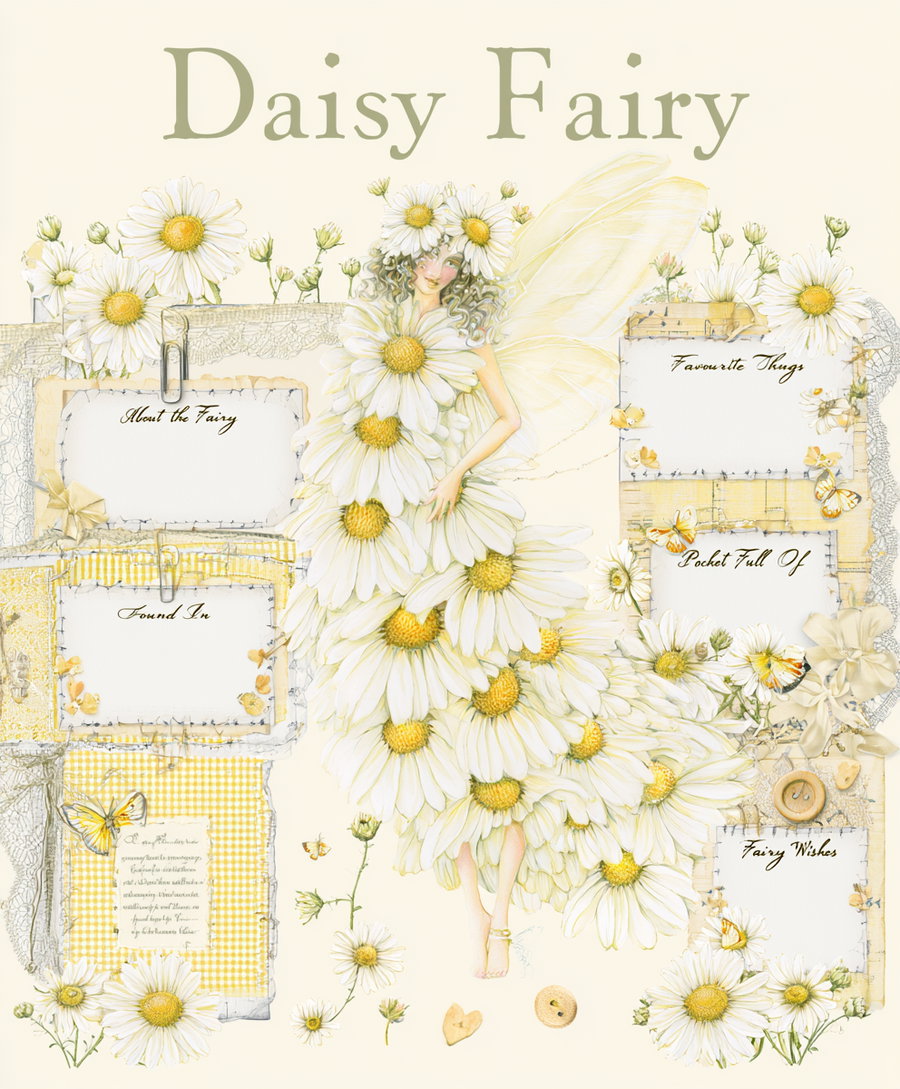 Illustration of a fairy adorned in a dress made of daisies, with daisy flowers surrounding her and delicate yellow wings