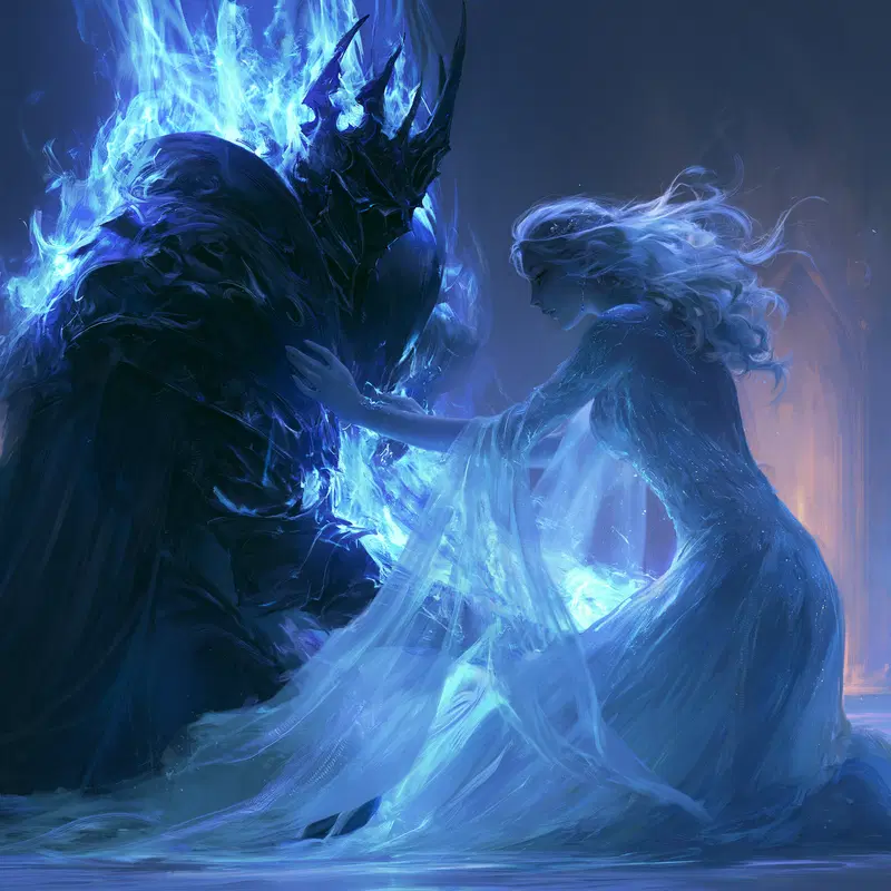 A mystical scene of a woman in glowing blue dress touching the armored dark knight engulfed in blue flame