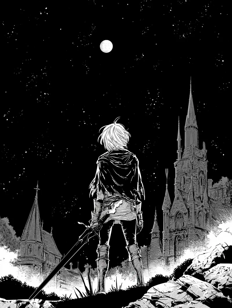 A lone warrior stands with sword beneath a starry night sky near gothic castle ruins