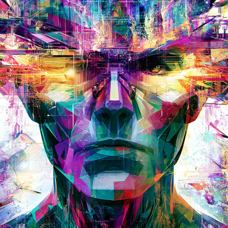 Vibrant futuristic digital portrait with geometric abstraction and vivid colors