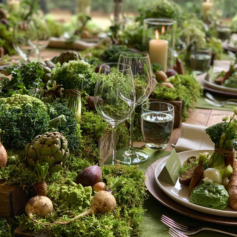 Table setting with vegetables and moss as a natural decorative centerpiece