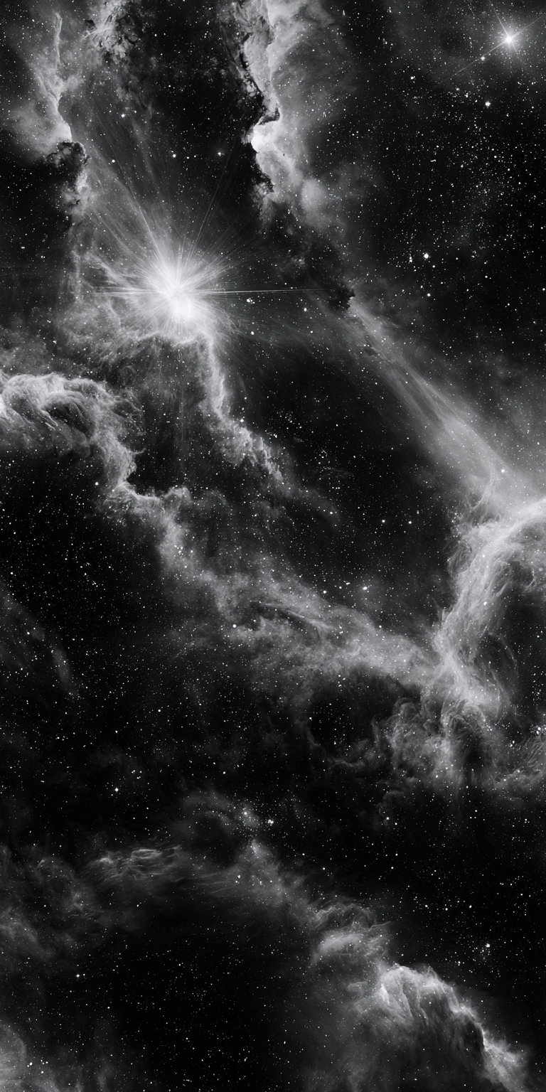 A detailed black and white image showing a nebula with bright stars and swirling cosmic clouds in space