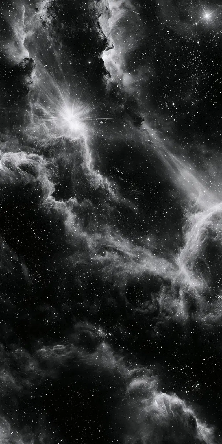 Black and white depiction of a luminous stellar nebula with radiant stars