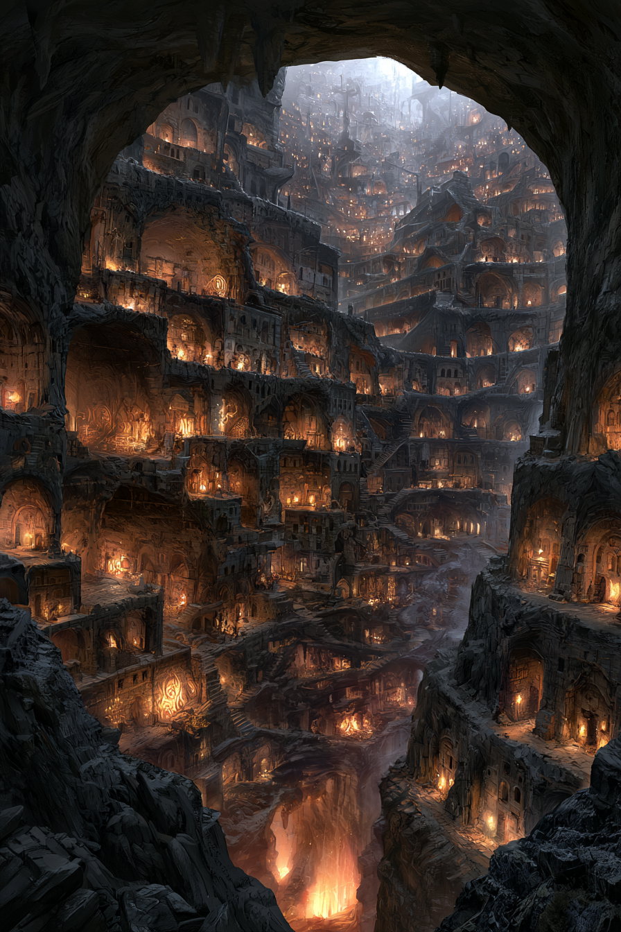A vast underground cave city carved into rock walls with numerous arches, staircases, and small lit openings glowing with firelight.