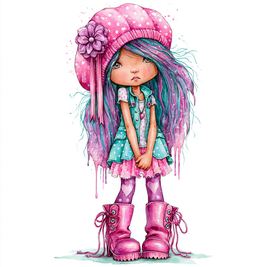 A watercolor styled illustration of a girl wearing a pink hat with a flower, turquoise vest, pink skirt, purple tights with heart patterns, and large pink boots, standing against a white background.