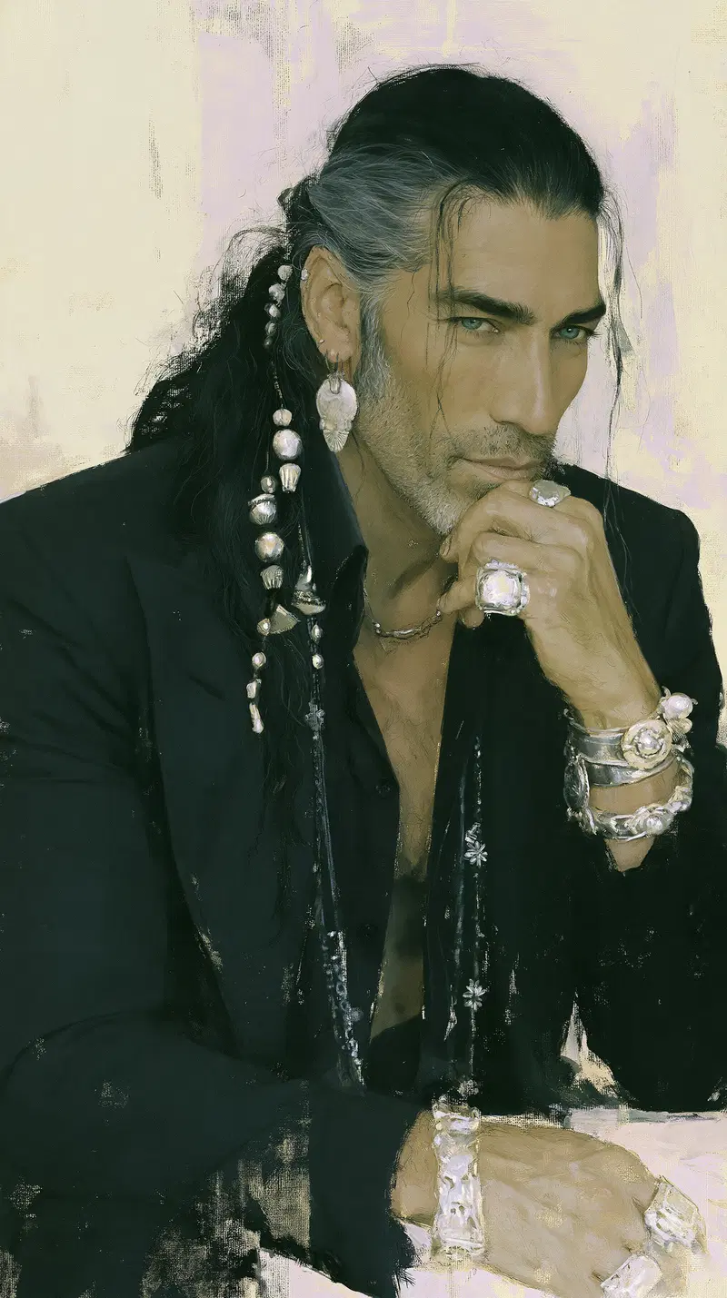 Portrait of a thoughtful man with dark hair and silver jewelry