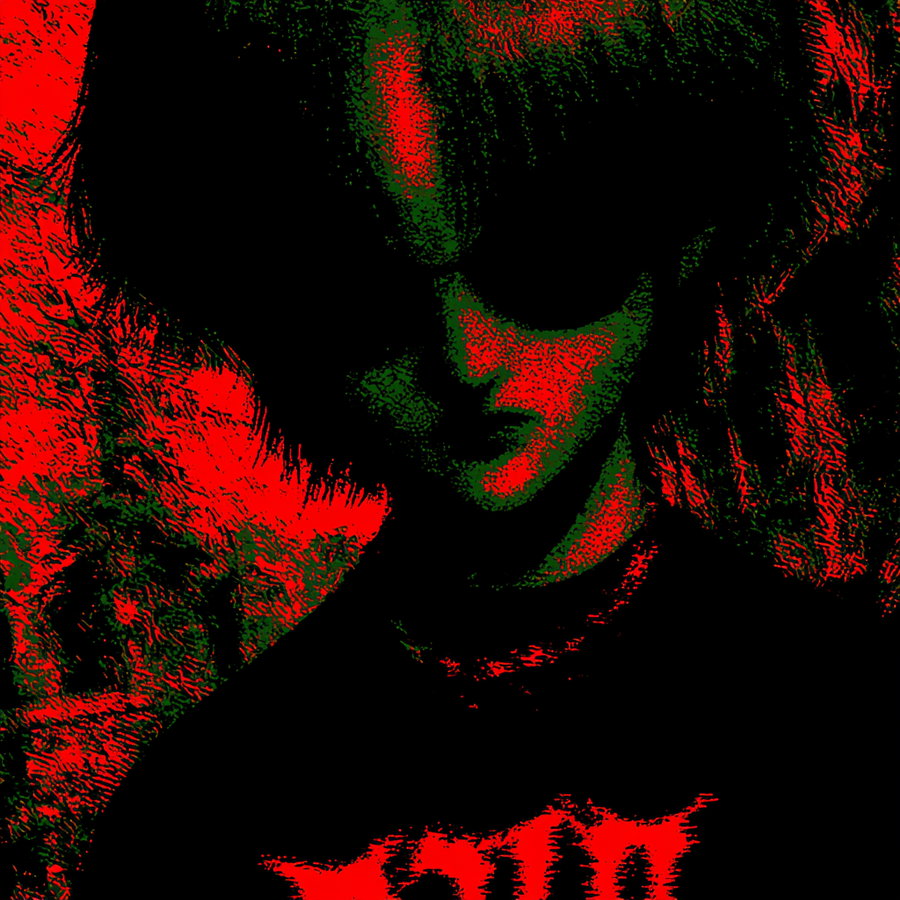 Abstract portrait of a person with sunglasses and a necklace, featuring a stylized red and black color scheme with textured background