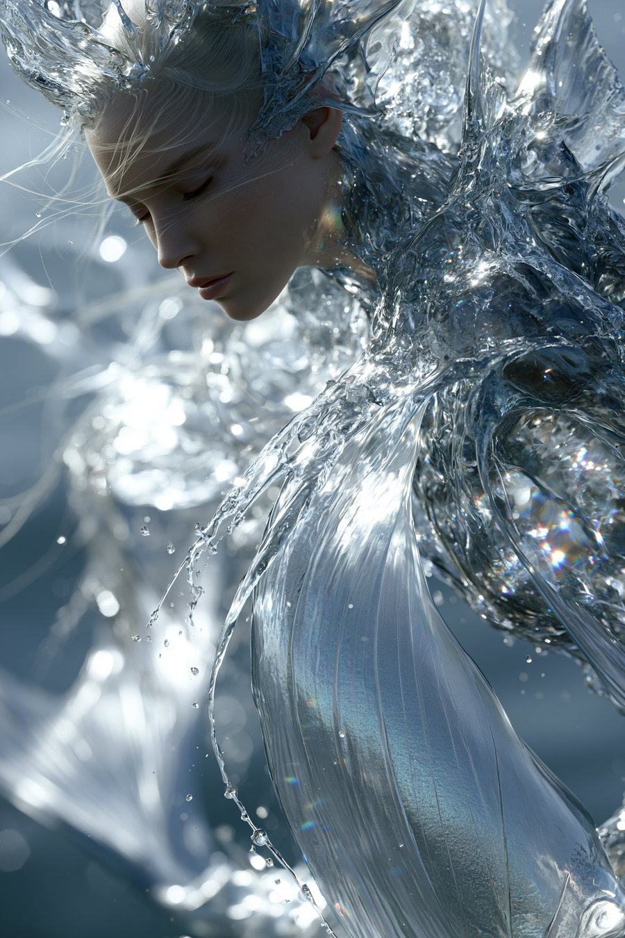Close-up of a female mermaid-like figure emerging from water, with translucent fluid forms and water splashes surrounding her face and shoulders