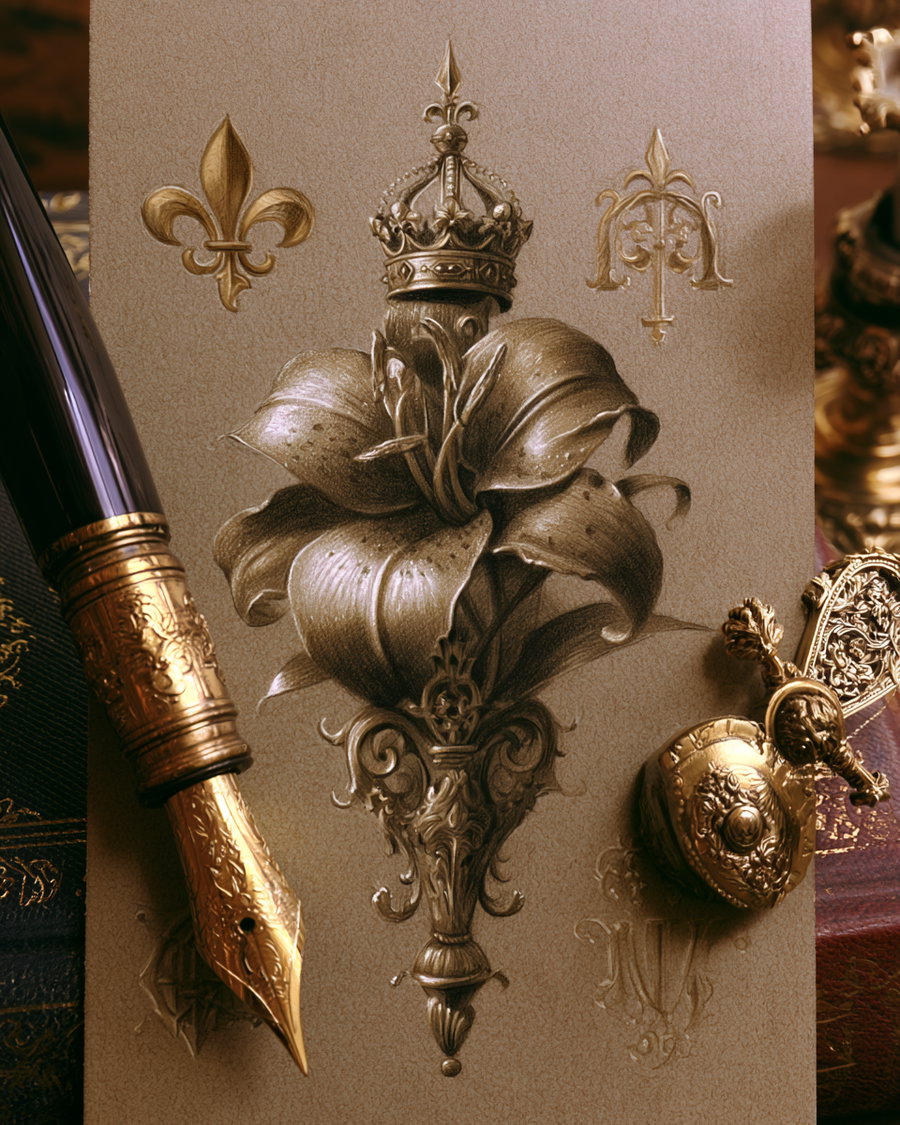 A detailed vintage-style drawing featuring a large flower with a crown on top, surrounded by ornate gold symbols; a luxurious gold and black fountain pen and a gold ornate seal stamp are placed around the artwork on a textured background.